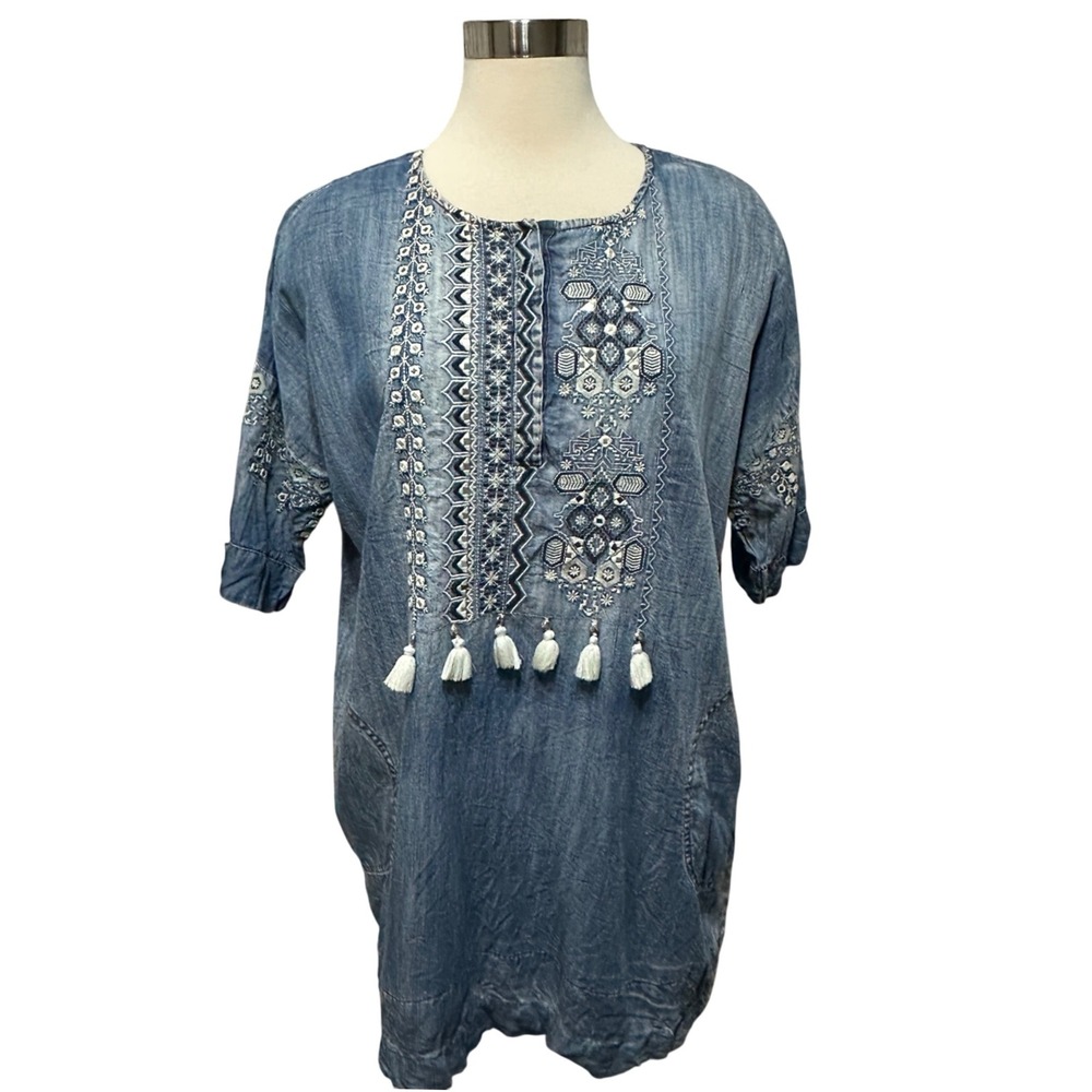 Vineet Bahl Embroidered Denim Tunic Dress Size S‎ Blue Boho Hippie Casual *Flaw